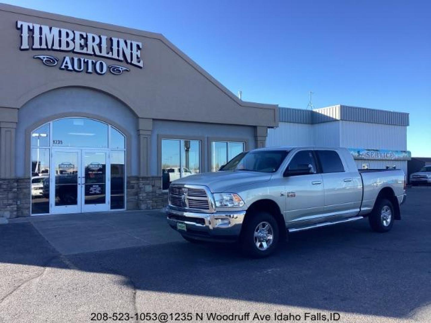 2010 Bright Silver Metallic /Dark Slate/Medium Slate Gray Cloth Interior RAM 3500 SLT Mega Cab 4WD (3D73Y3HL5AG) with an 6.7L L6 OHV 24V TURBO DIESEL engine, 4-Speed Automatic transmission, located at 1235 N Woodruff Ave., Idaho Falls, 83401, (208) 523-1053, 43.507172, -112.000488 - Photo#0