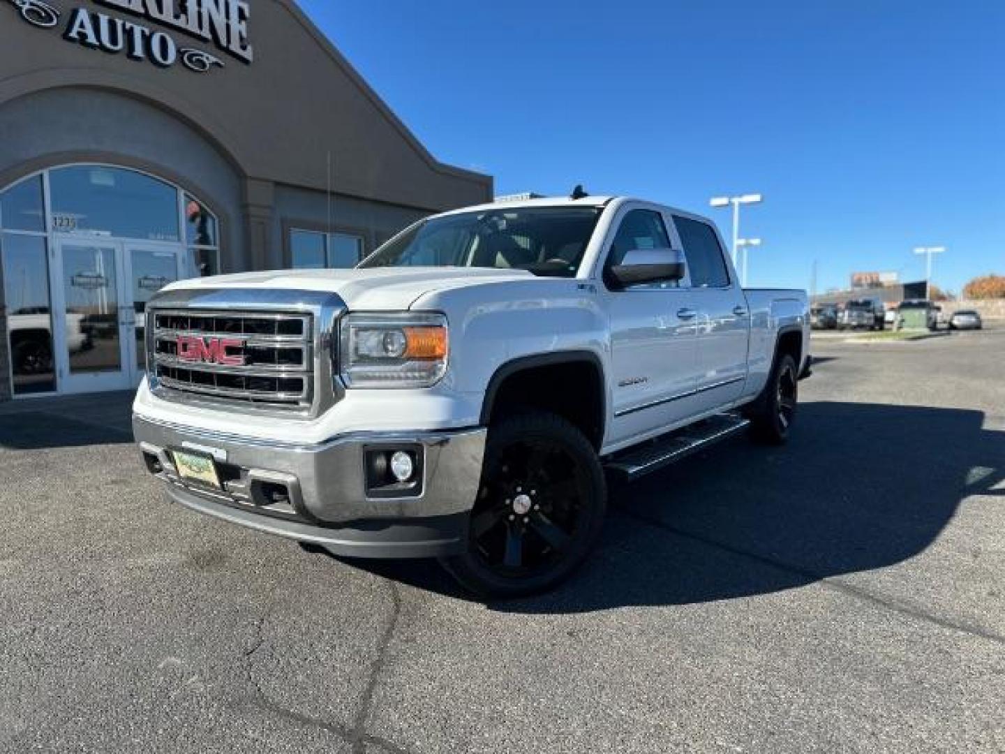 2015 Summit White /Cocoa/Dune, leather GMC Sierra 1500 SLT Crew Cab Short Box 4WD (3GTU2VEJ6FG) with an 6.2L V8 OHV 16V engine, 6-Speed Automatic transmission, located at 1235 N Woodruff Ave., Idaho Falls, 83401, (208) 523-1053, 43.507172, -112.000488 - Photo#1