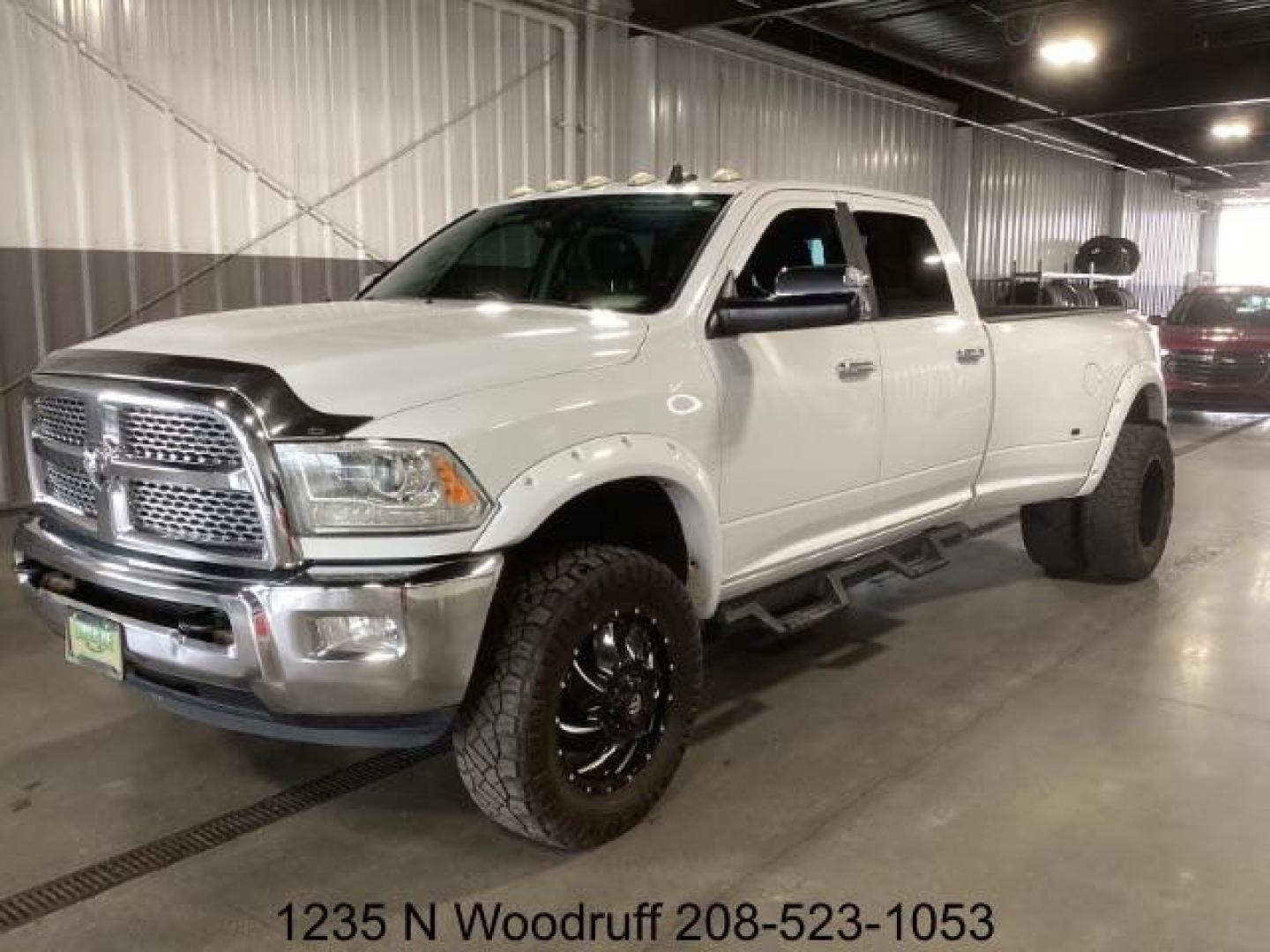 2015 WHITE /Black, leather RAM 3500 Laramie Crew Cab LWB 4WD DRW (3C63RRJL1FG) with an 6.7L L6 OHV 24V TURBO DIESEL engine, 6-Speed Automatic transmission, located at 1235 N Woodruff Ave., Idaho Falls, 83401, (208) 523-1053, 43.507172, -112.000488 - Photo#0